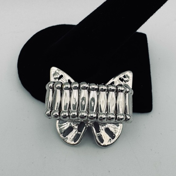 PINK Butterfly Rhinestone Ring Silver Tone Size Adjustable Stretch Bug Insect - Picture 5 of 8